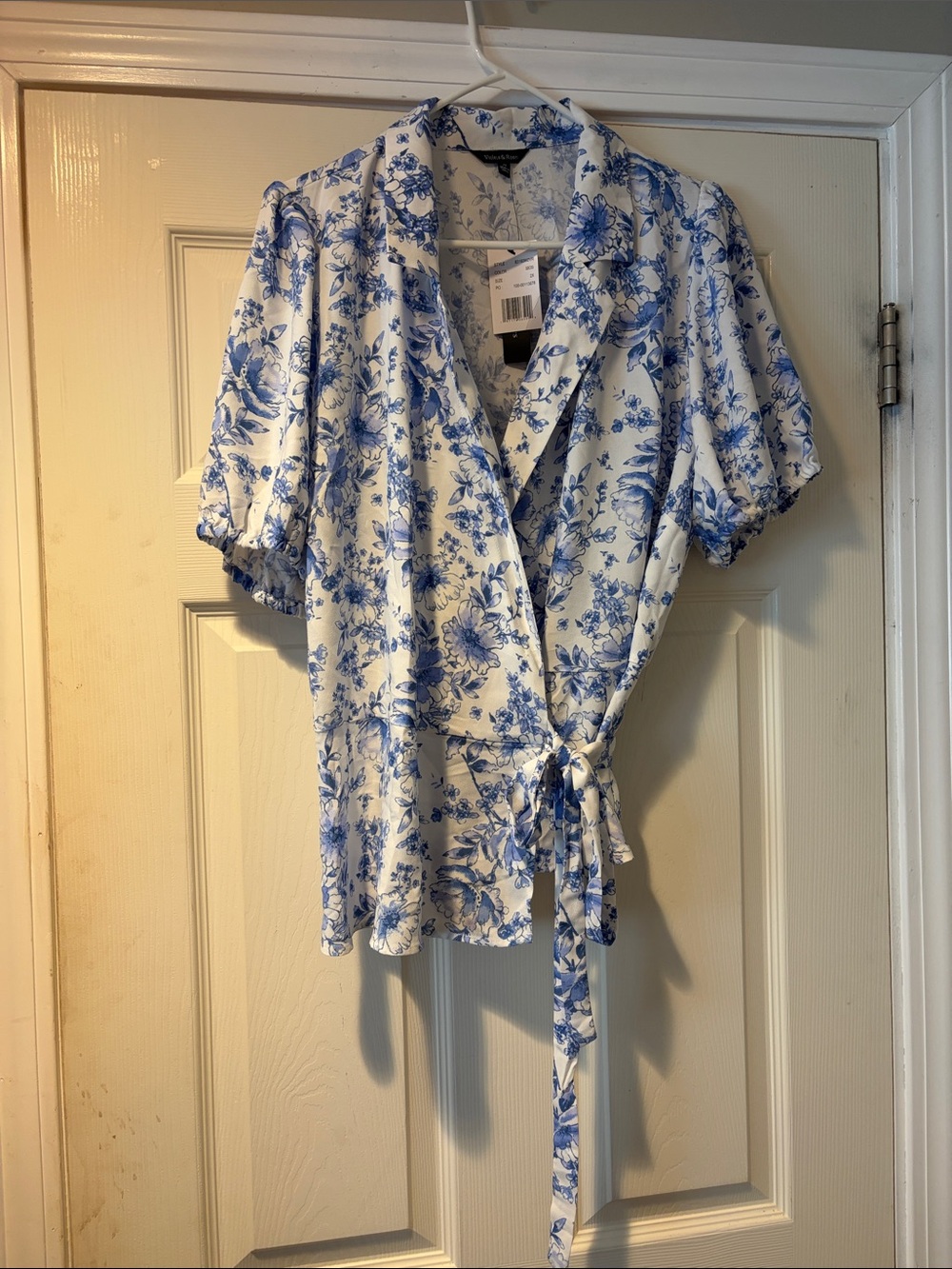 Women's Wrap Blouse with Short Puff Sleeves in  Blue Floral 2X